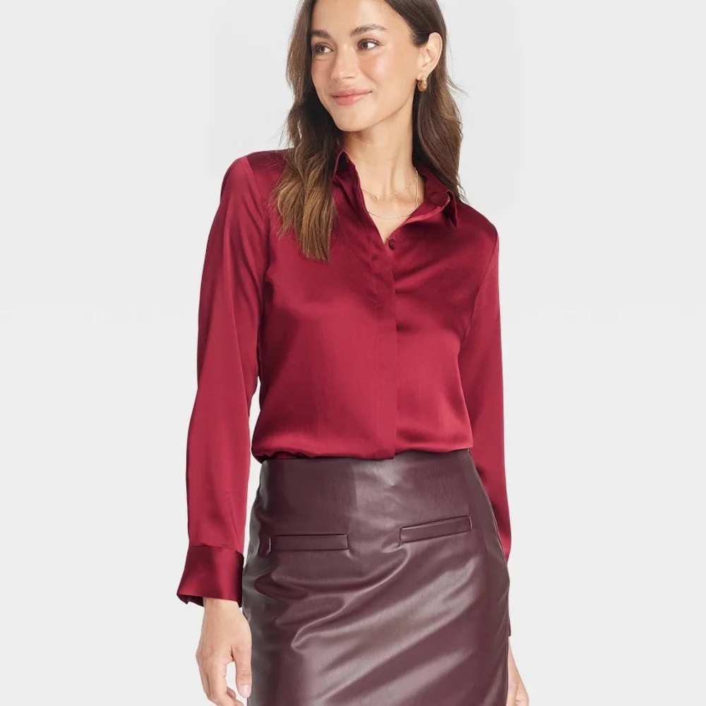 a new day Burgundy Satin Blouse